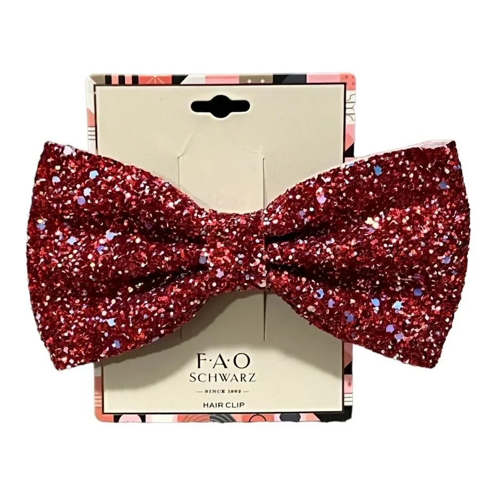 FAO Schwarz Girls Red Sparkle Glitter Bow Hair Clip New